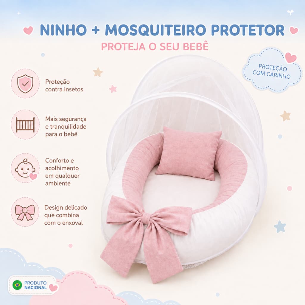 KIT NINHO REDUTOR DE BERÇO COM MOSQUITEIRO PROTETOR ANTI INSETOS
