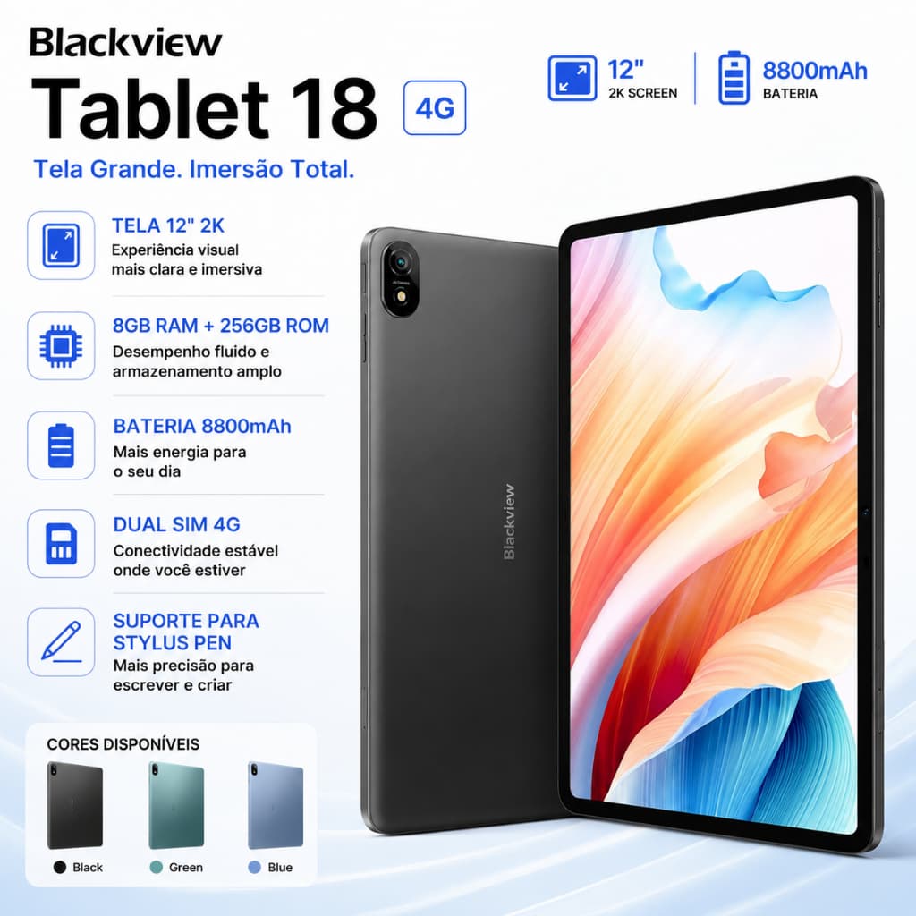 Blackview Tablet pad 18 4G Tela 12" 2K Bateria 8800mAh Dual SIM Caneta Stylus Novo e Original