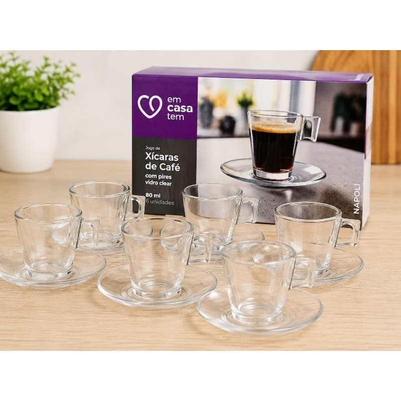 Jogo de Xícaras de Café com Pires em Vidro Clear – 6 Peças | 80 ml