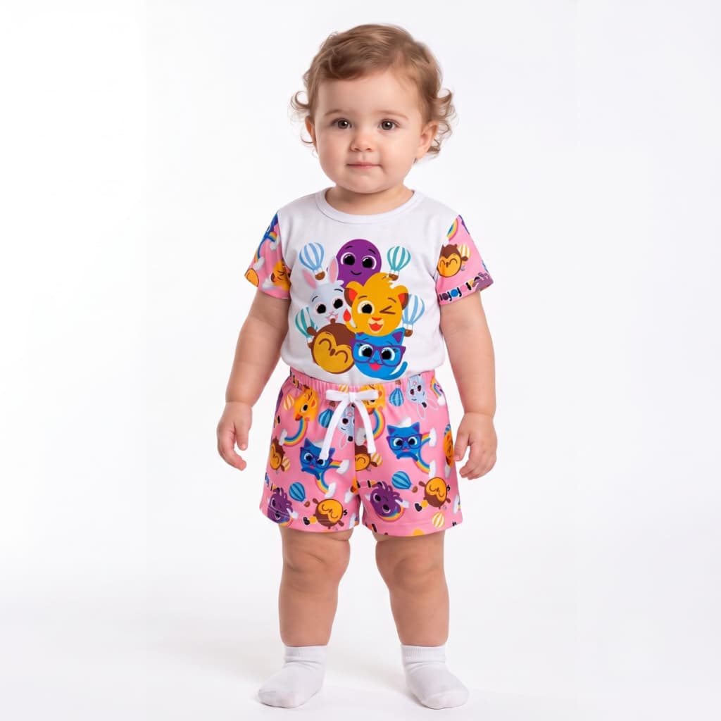 Conjunto Bebê Menina Blusa Viscose com Elastano Short Tactel Verão 3 a 7 Meses