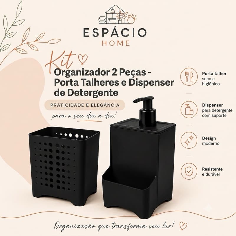 Kit Organizador 2 Peças Dispenser de Detergente e porta talher