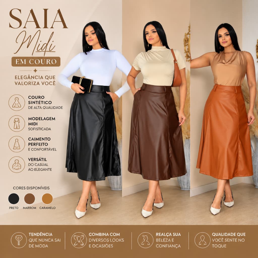 Saia Midi Feminina em Couro Sintético Premium com Bolso Lateral | Cintura Alta | Elegante Casual | Preta Marrom Caramelo