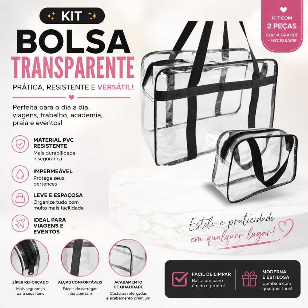 kit Bolsa e Necessárie Cristal Transparente Grande, Reforçada com (Zíper Especial)Praia/ Piscina. G(0,30)