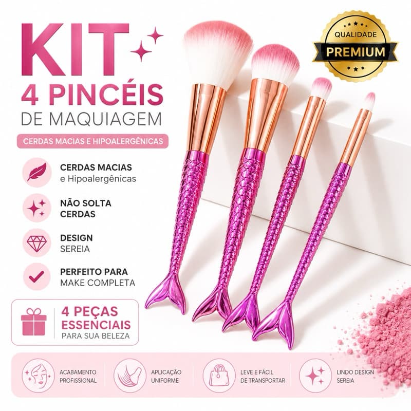 Kit 4 Pincéis de Maquiagem Sereia - Cerdas Macias e Hipoalergênicas.