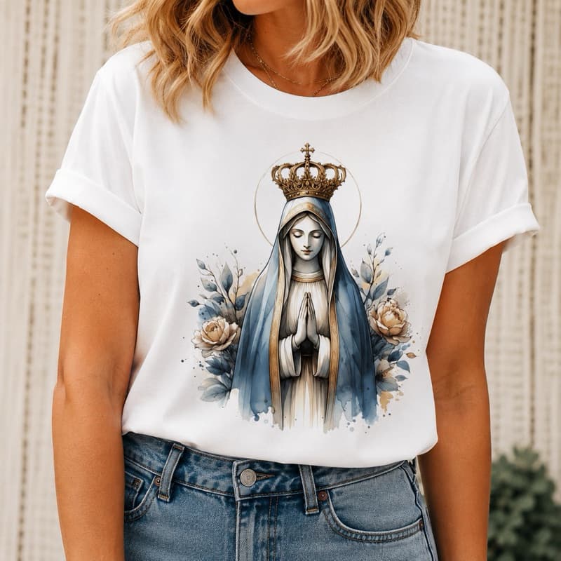 Camiseta Feminina Estampa Nossa Senhora Religiosa Católica Algodão Premium