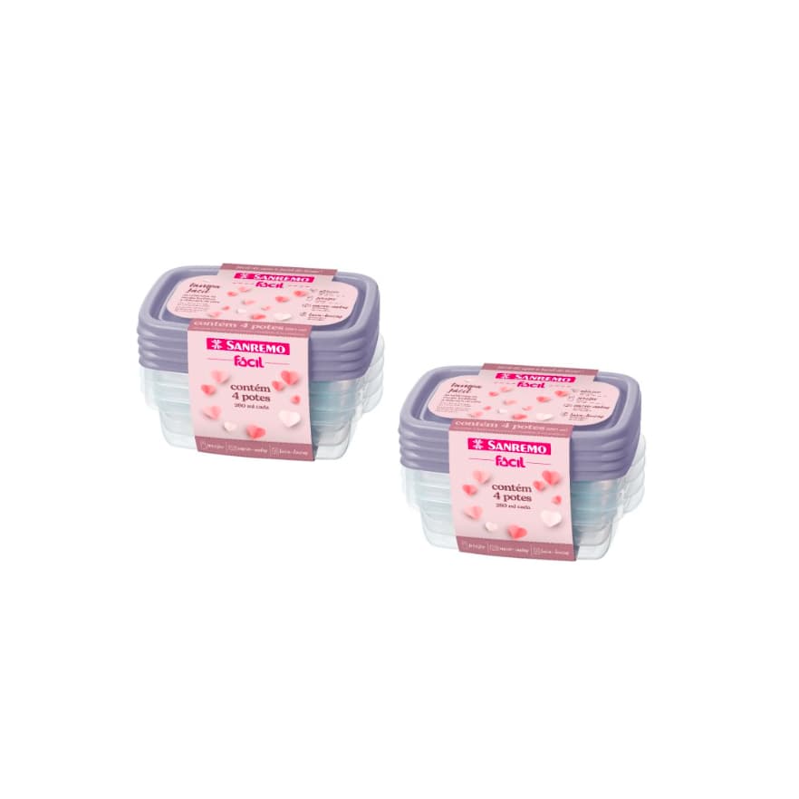 8 Pote Plástico 280ml Retangular Microondas Freezer Bpa Free Cor Lilás ou Bege
