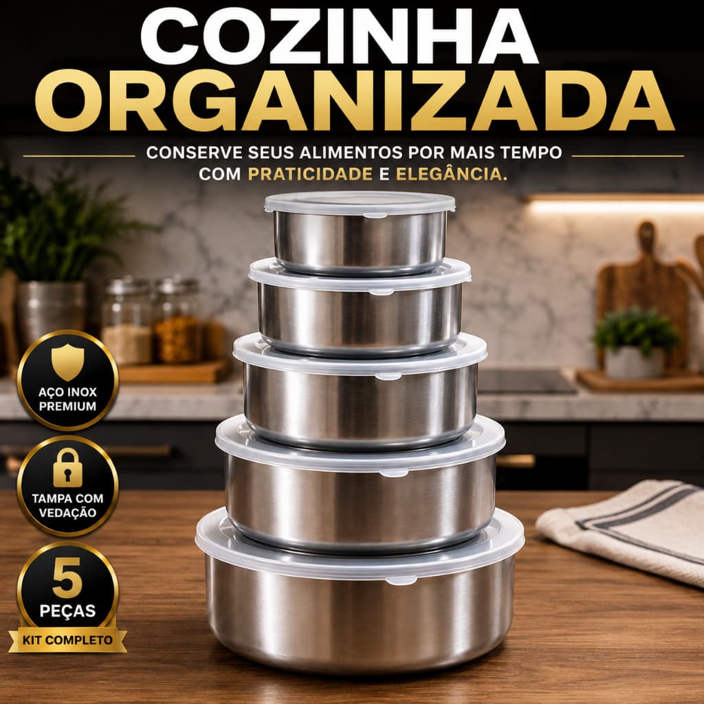 Conjunto Potes Hermeticos Redondos 5 Pecas Aco Inox Tampa Vedacao Perfeita Armazenamento Seguro