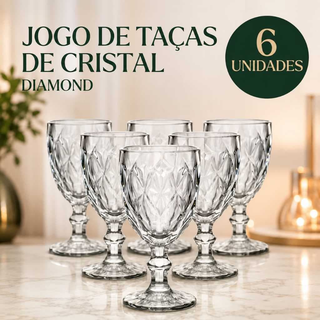 Jogo 6 Taças Diamond 340ml Vidro Resistente Premium Luxo Água Suco Vinho Drinks Sobremesas Sorvetes Charme Sofisticação