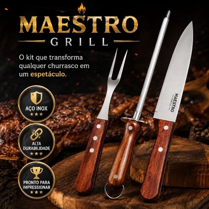 Kit Churrasco Maestro Grill 3 Peças Faca Garfo Chaira Aço Inox Cabo Madeira Premium