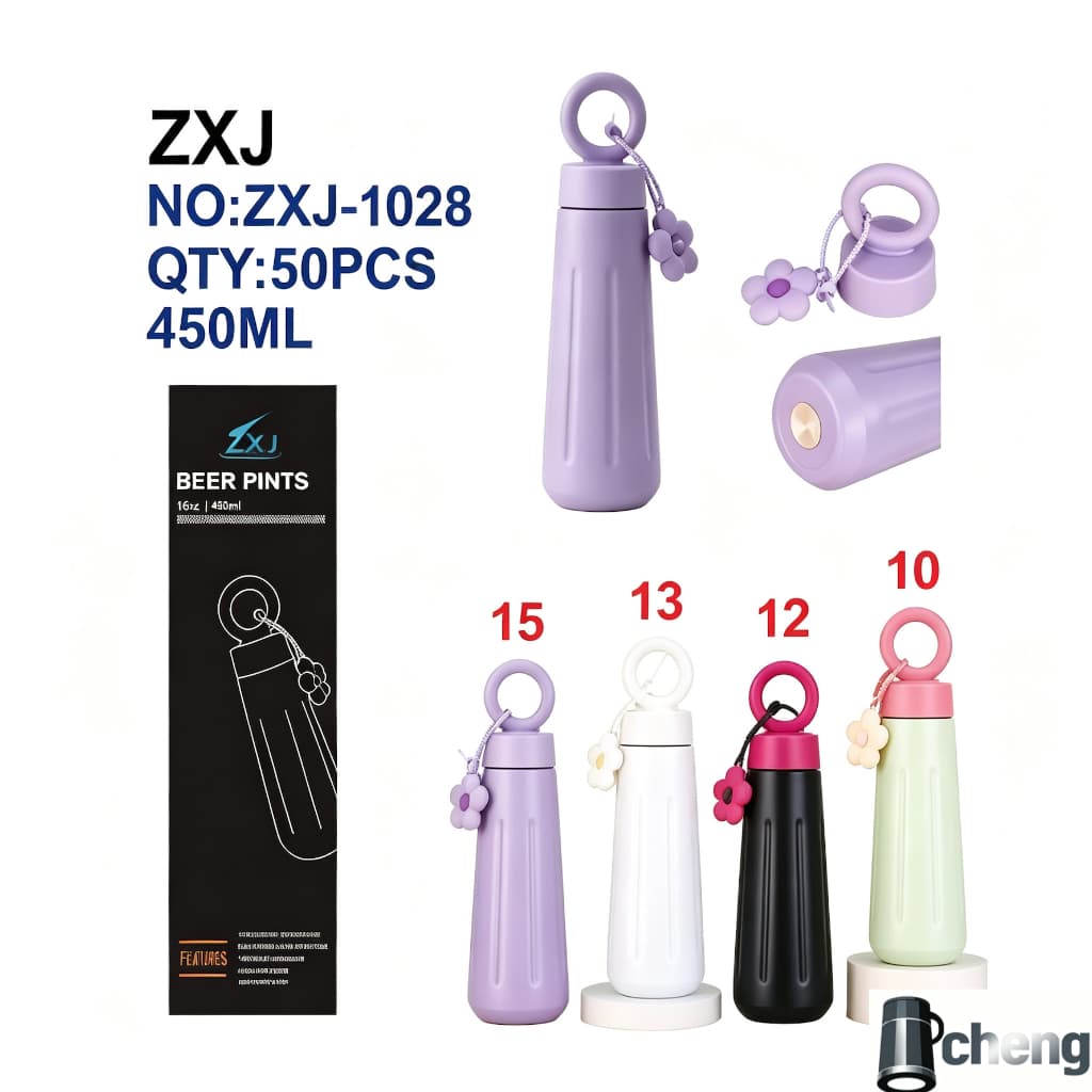 KIT ATACADO (50 Unidades): Garrafa Térmica Escolar Academia Fofa Com Pingente De Flor Copo Inox 450ml Portátil