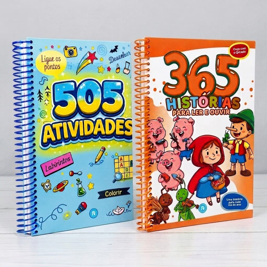 Kit 2 Livros 365 Histórias Contar com Qrcode 505 Atividades Aprendizado Leitura Desenhos educativos