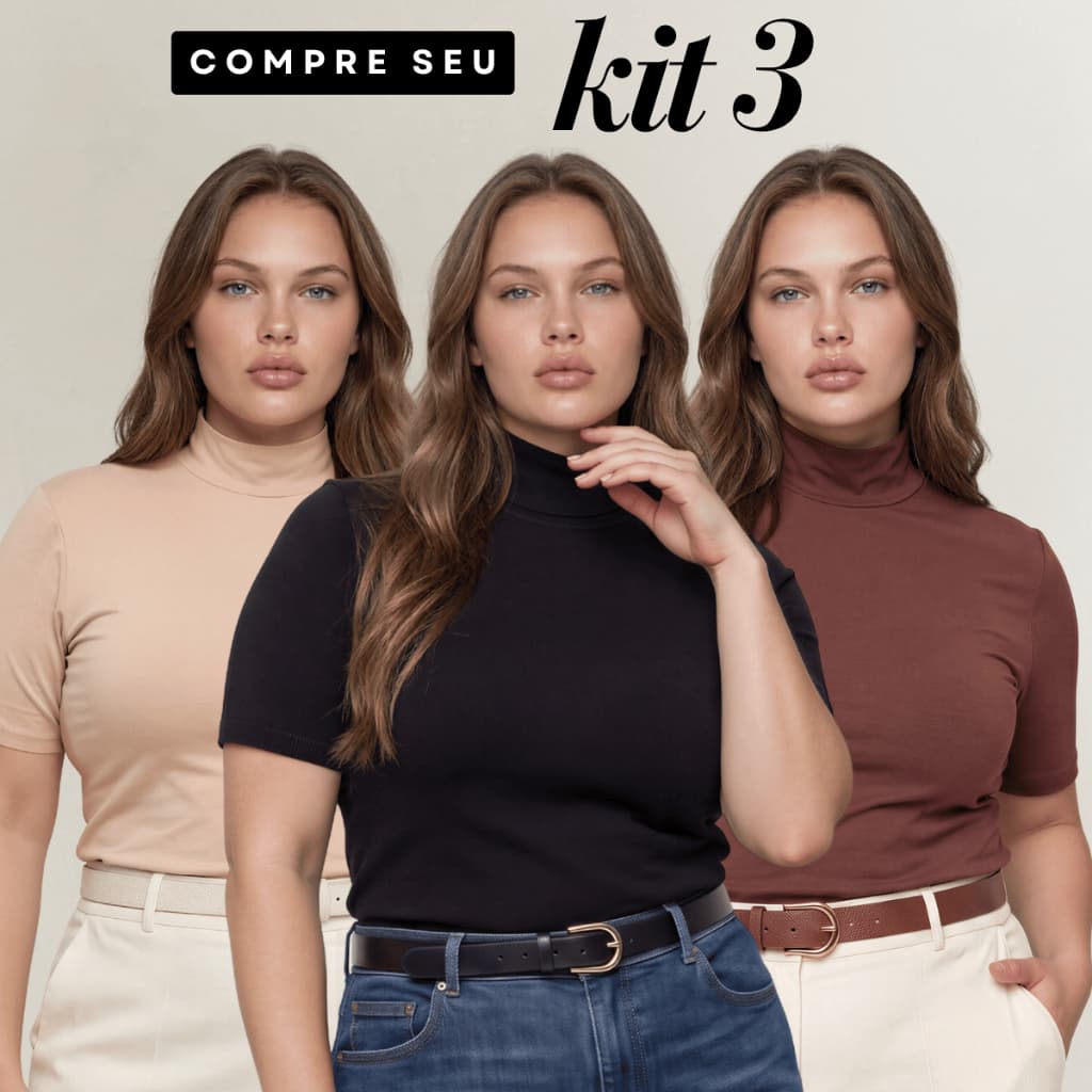 Kit 3 Blusas Feminina T-Shirt Gola Alta Manga Curta Básica