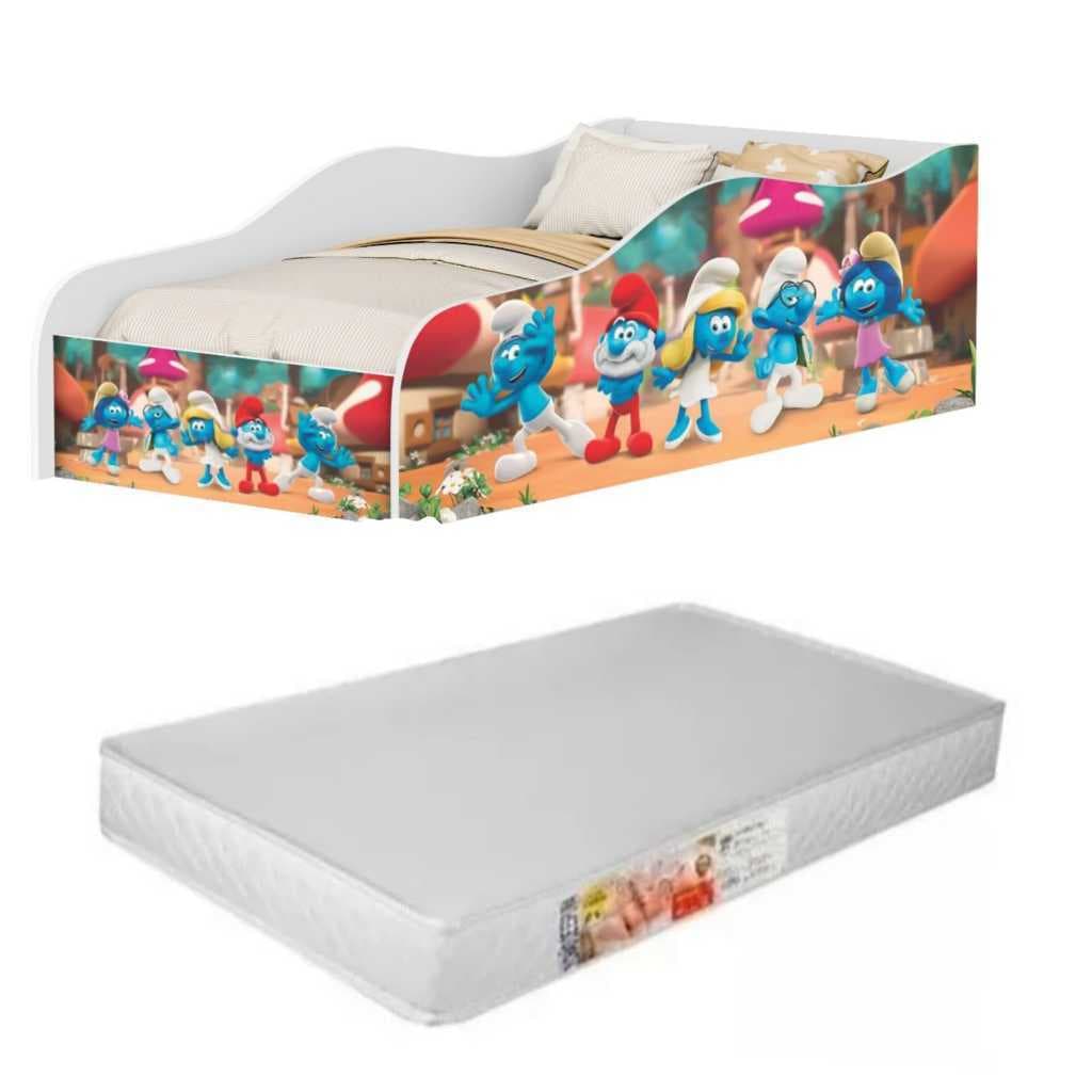 Cama Infantil Montessoriana Smurf Com Colchão Incluso e Grade Proteção Caminha Cercado Quarto Juvenil