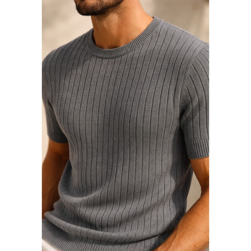 Camisa Masculina Canelada em Tricot Gola Redonda Manga Curta Macia Verão  Dia dos Pais