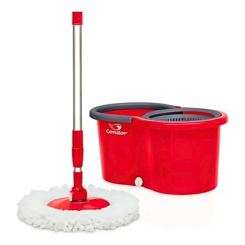 Mop Condor 360° Vermelho Spin Limpa Roda Pé Com Balde De Centrífuga Plástico