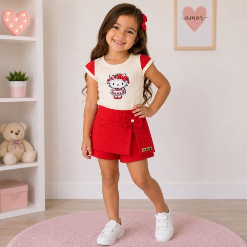 Blusa + SHORT saia Infantil Moda Verão Confortavel blusinha com estampas aleatórias