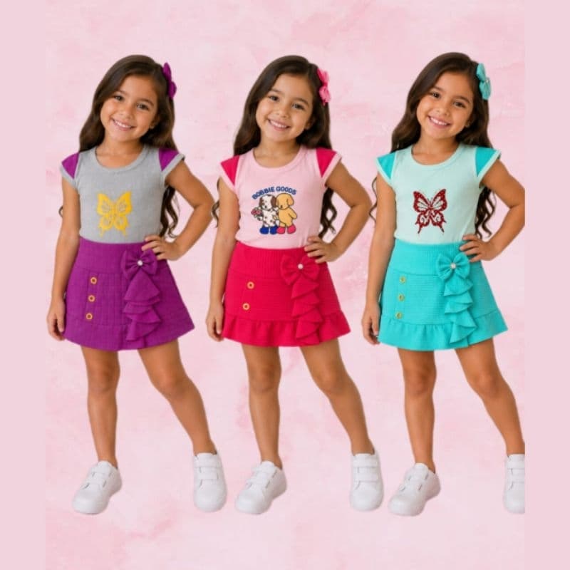 6 peças Sortidas - 3 SAIAS e 3 Blusas com Estampas Sortidas Moda verão Infantil do 1 ao 6