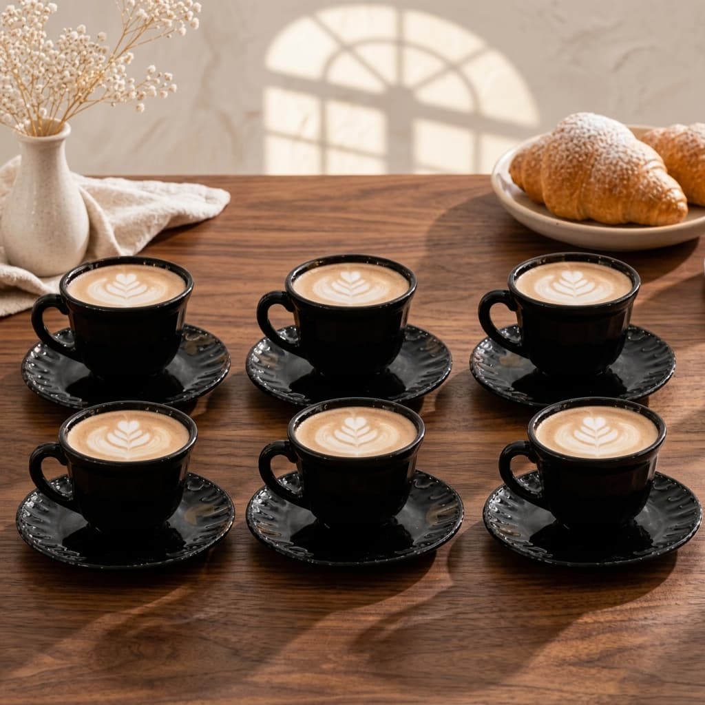 Kit de Xicaras 12 Peças Preto De Vidro Trabalhado Chá Café Louça Moderno Presente ENVIO IMEDIATO