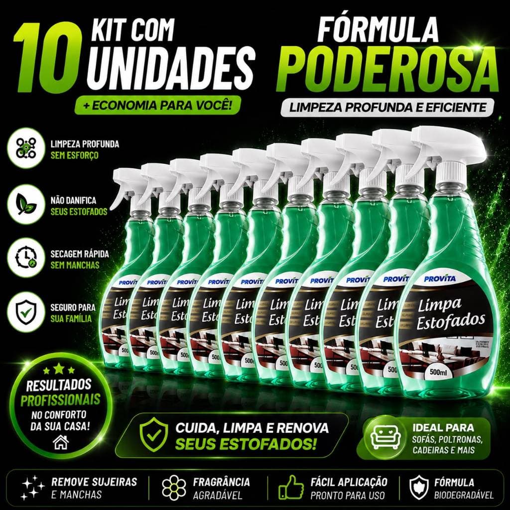 Kit 10 Limpa Estofados Espuma Seca Spray Perfumado 500ml Limpa Sofá Banco Carro Colchão Tapete Poltrona