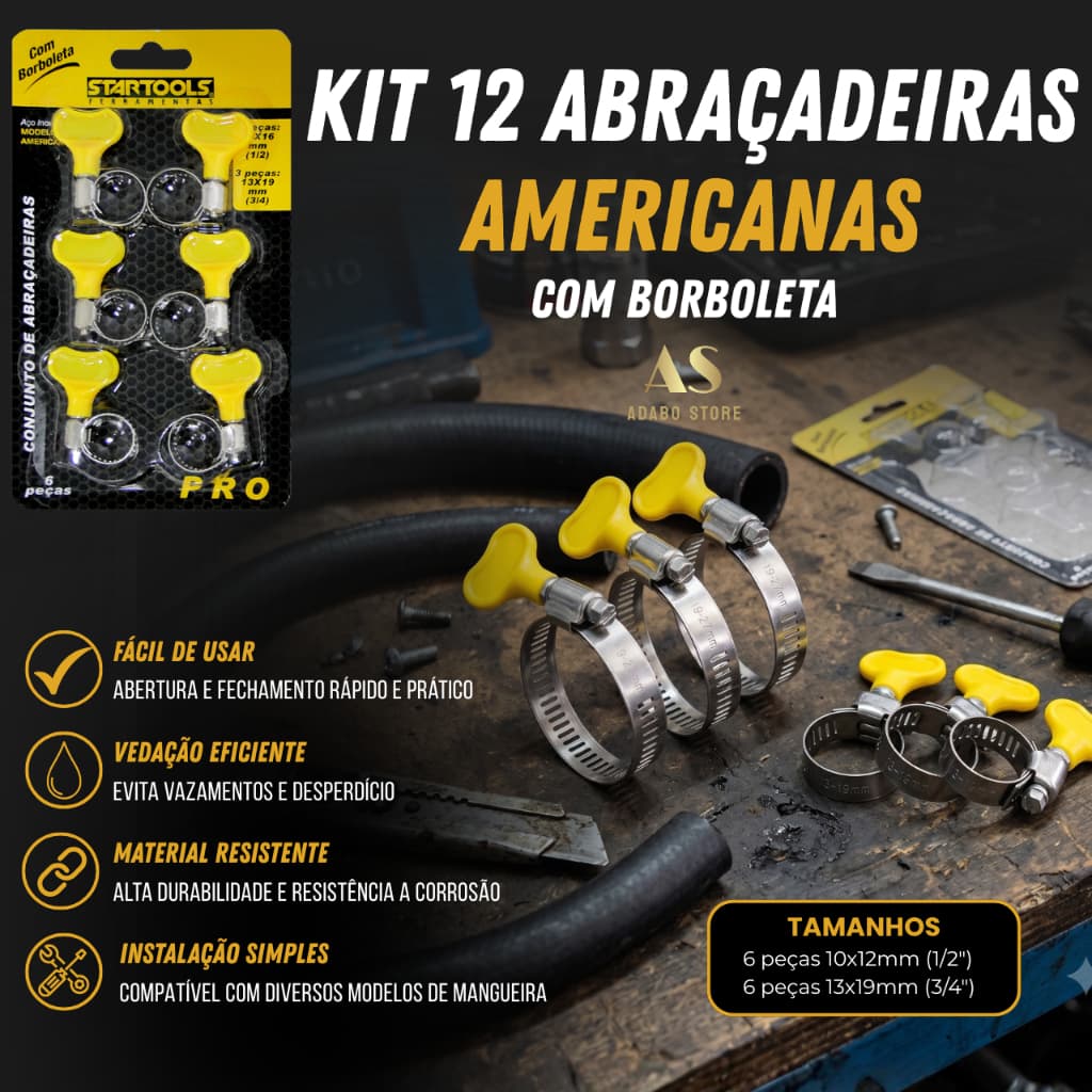 Kit 12 Abraçadeiras Aço Inox Ajustável Modelo Americana 1/2" e 3/4" Com Borboleta Aperto Manual Mangueira Gás Jardim