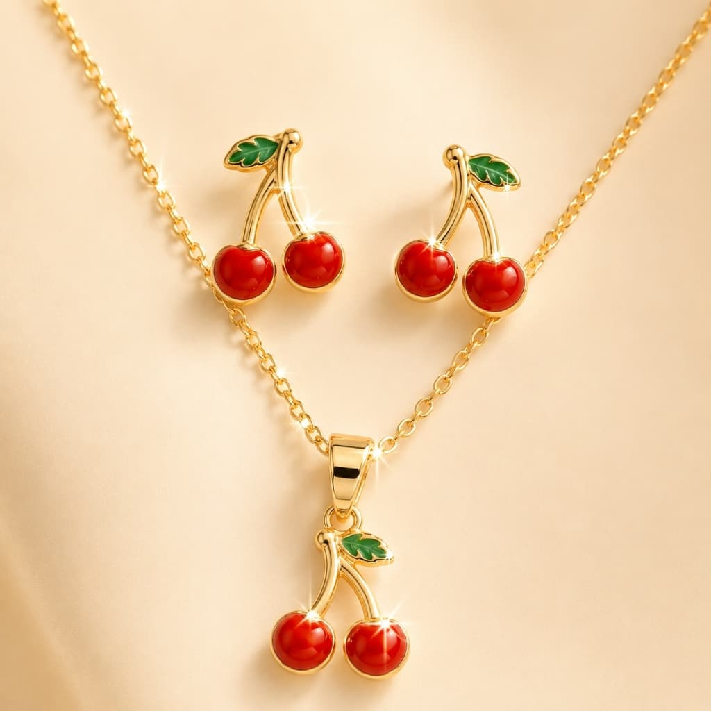 Conjunto Colar e Brincos Cereja Feminino Folheado Ouro 18K Delicado Frutas Presente