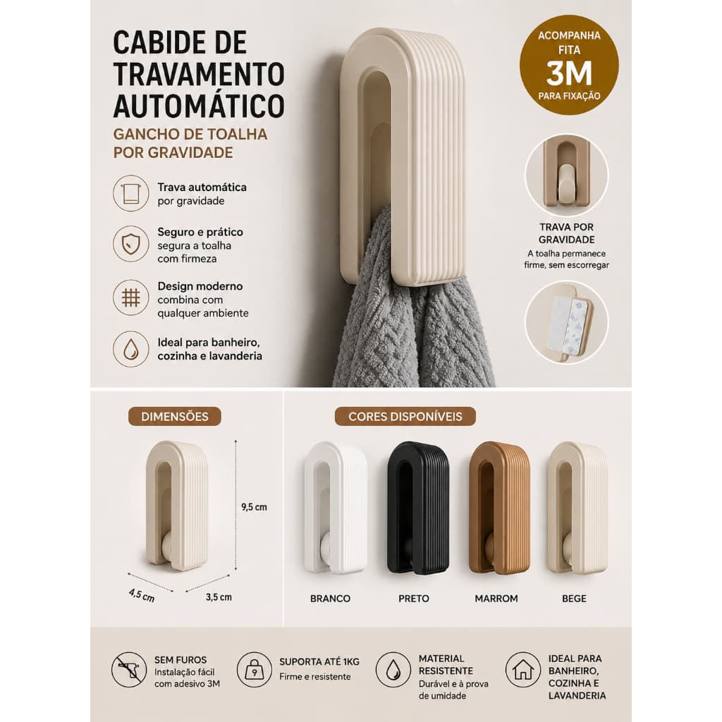 SUPORTE  DE TOALHA - GANCHO COM TRAVA AUTOMATICA MINIMALISTA