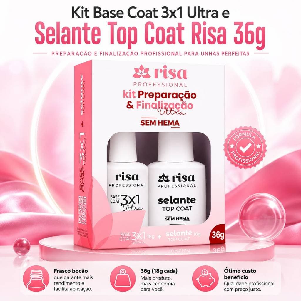 KIt Base Coat 3x1 18g e Selante Top Coat 18g  Ultra SEM HEMA Risa