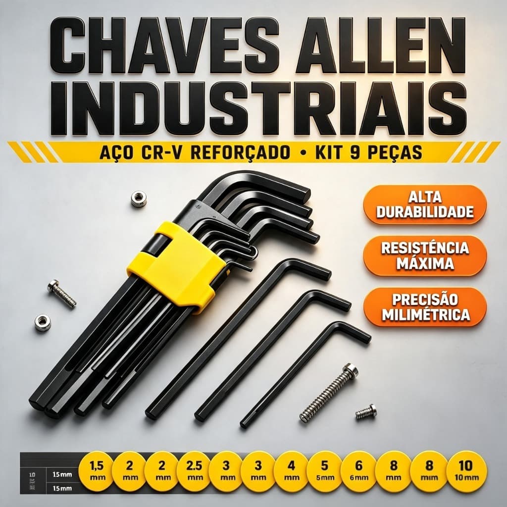 Jogo Chaves Allen 9 Peças Longas 1,5–10mm – Aço Cr-V, 90° Reforçado, Para Moto, Bicicleta e Móveis S2