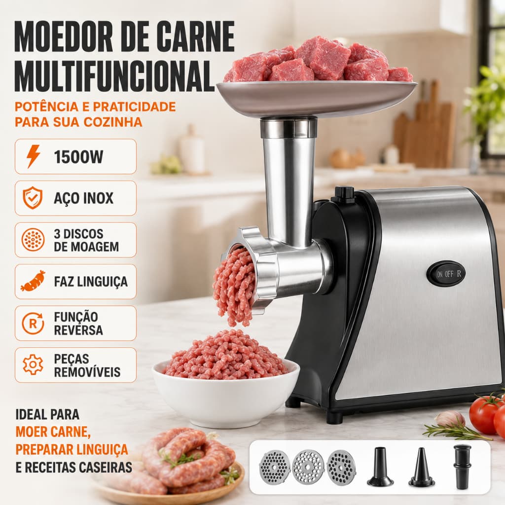 Moedor de Carne Automático em Aço Inox 110V/220V para Linguiça, Pimenta e Alho com Plugue