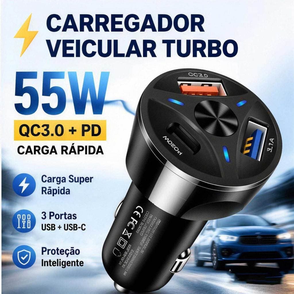 Carregador Veicular Turbo 55W Carregamento Rápido QC3.0 + PD | 3 Portas USB e USB-C