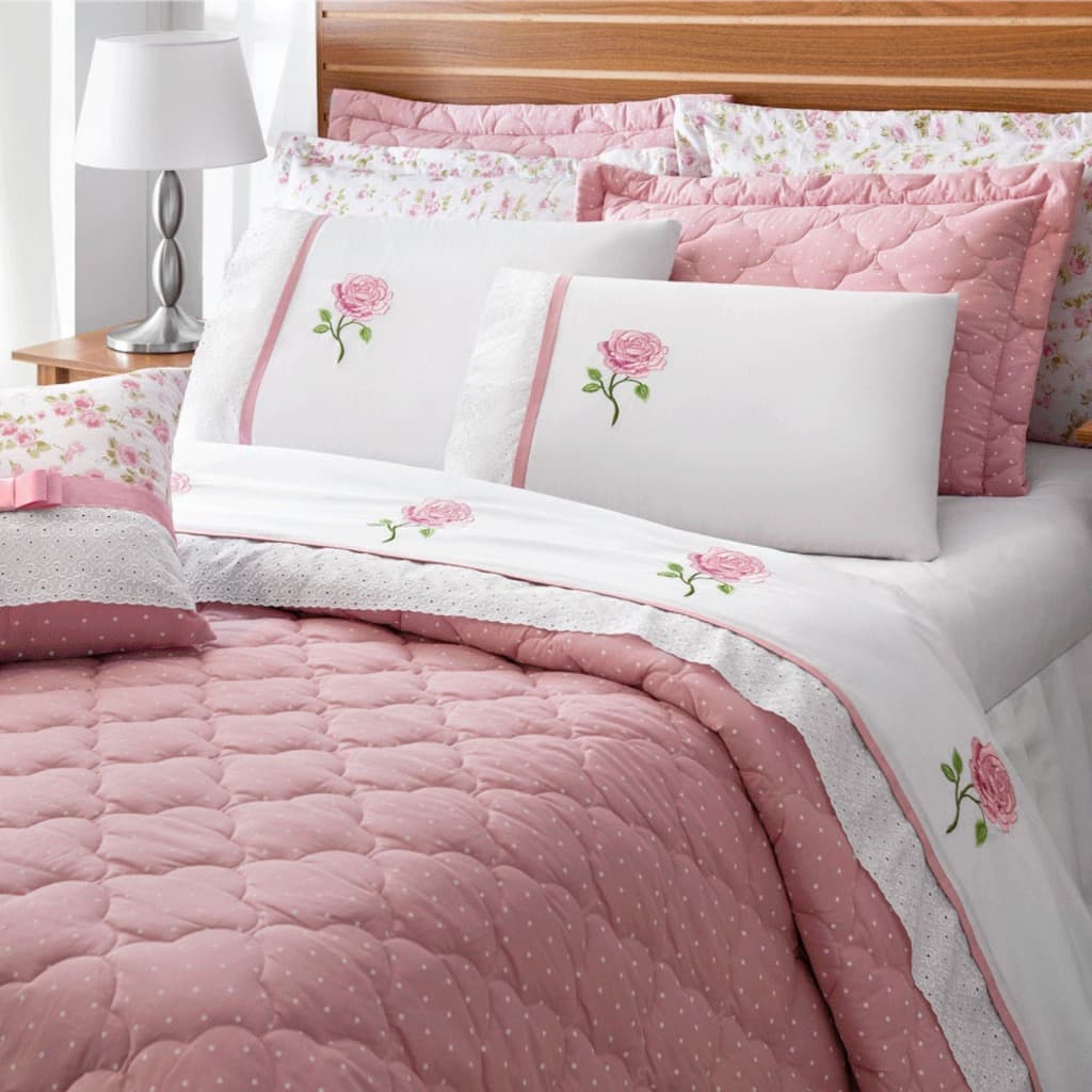 Jogo de Cama 11 Peças Bordado Rosa Floral Casal Queen Luxo Enxoval Completo Confortável Macio