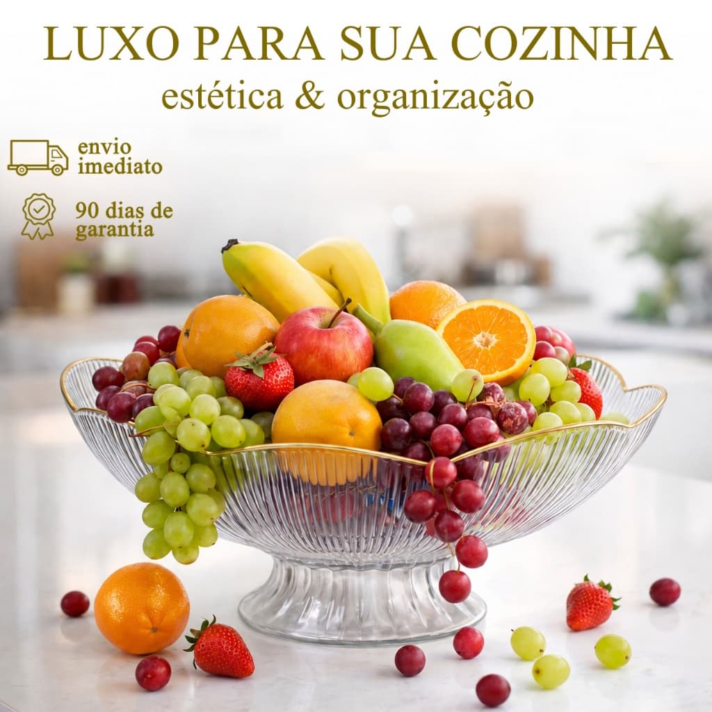 Fruteira Saladeira Acrílico Centro de Mesa Borda Dourada Canelado Com Pé Luxo Sofisticado Decoração