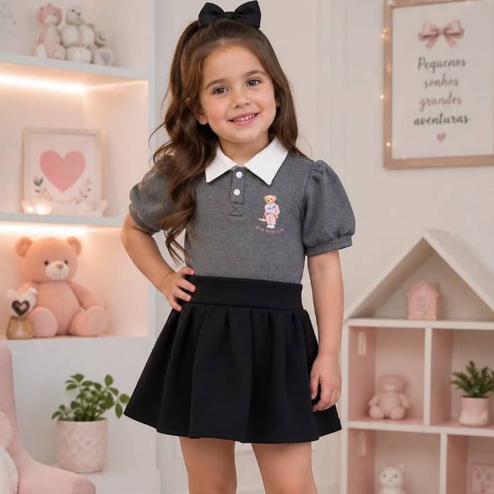 Conjunto Infantil Menina Verão Blusa Polo  + Short Saia 2 ao 10 anos