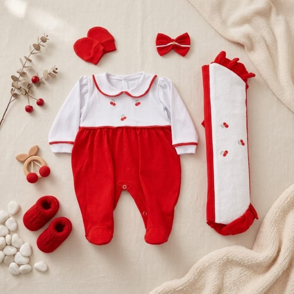 Saída Maternidade Bebê Menina Cerejinha Vermelho 04 Peças 100% Algodão Bordado Enxoval Luxo