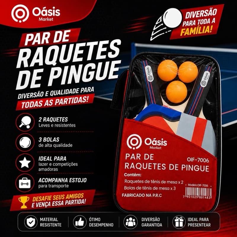 Kit Ping Pong Madeira Profissional Tênis de Mesa Oásis 2 Raquetes 3 Bolas Doméstico Treino
