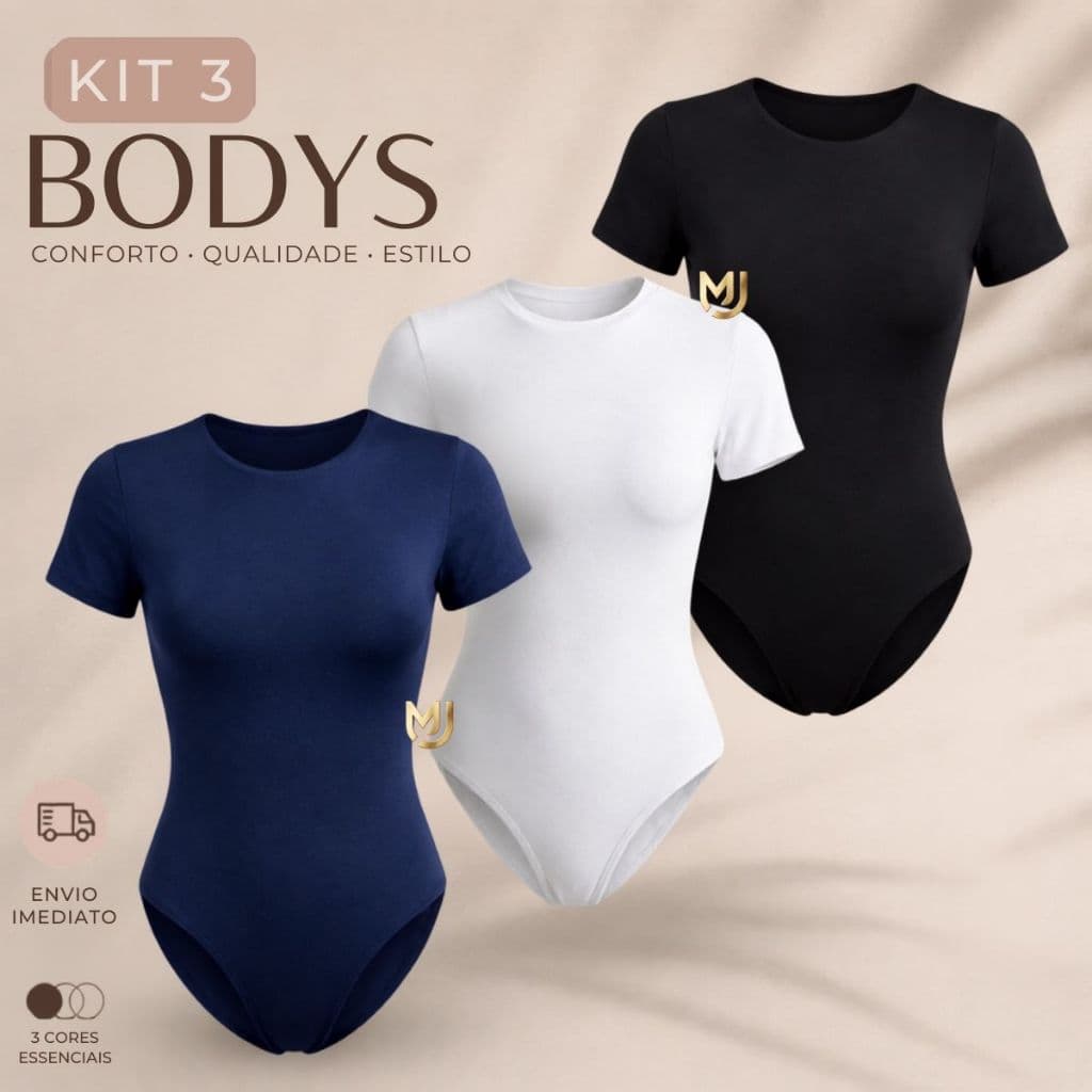 Kit 3 Body Feminino Suplex Manga Curta Básico Decote Quadrado Estilo Blogueira Justo Confortável