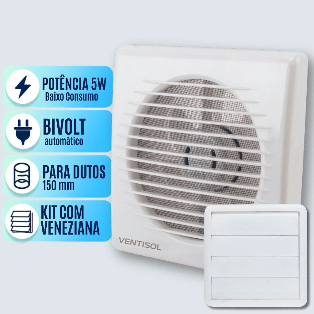 Exaustor Para Banheiro 15cm 150mm Com Grade Anti Insetos Bivolt Com Veneziana e Duto Metálico