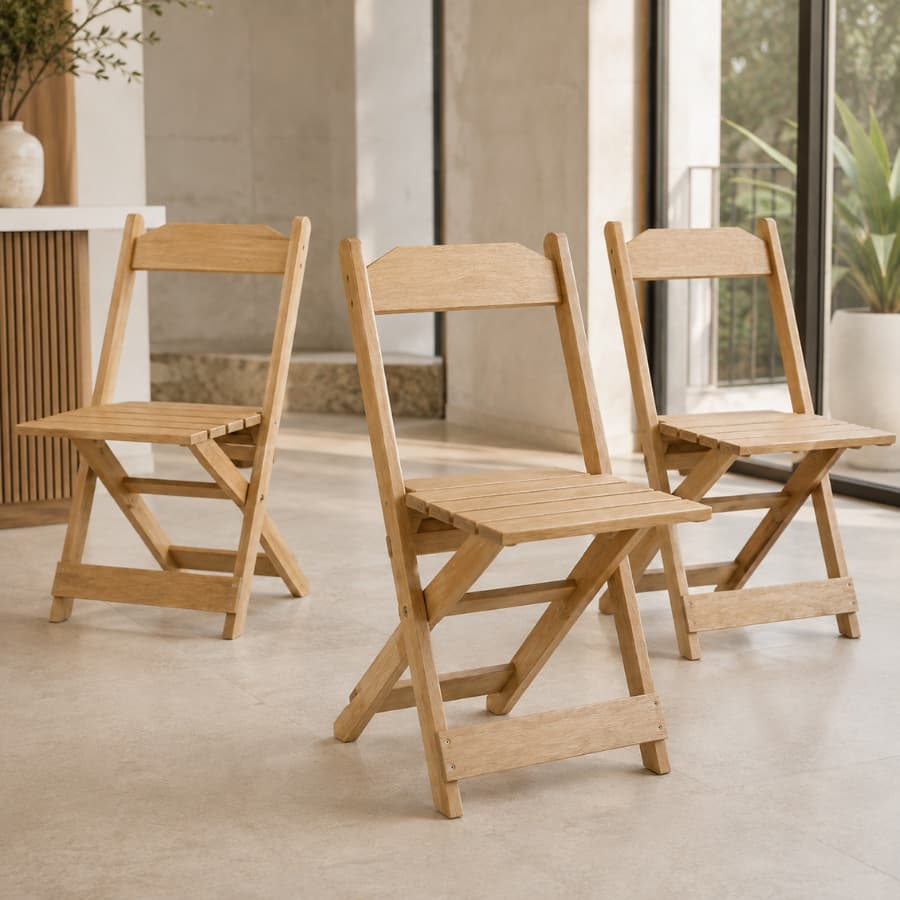 Kit 3 Cadeiras Dobrável Madeira Crua Reforçada Rustica Casa Lanchonete Restaurante Bar Áreas Diversas