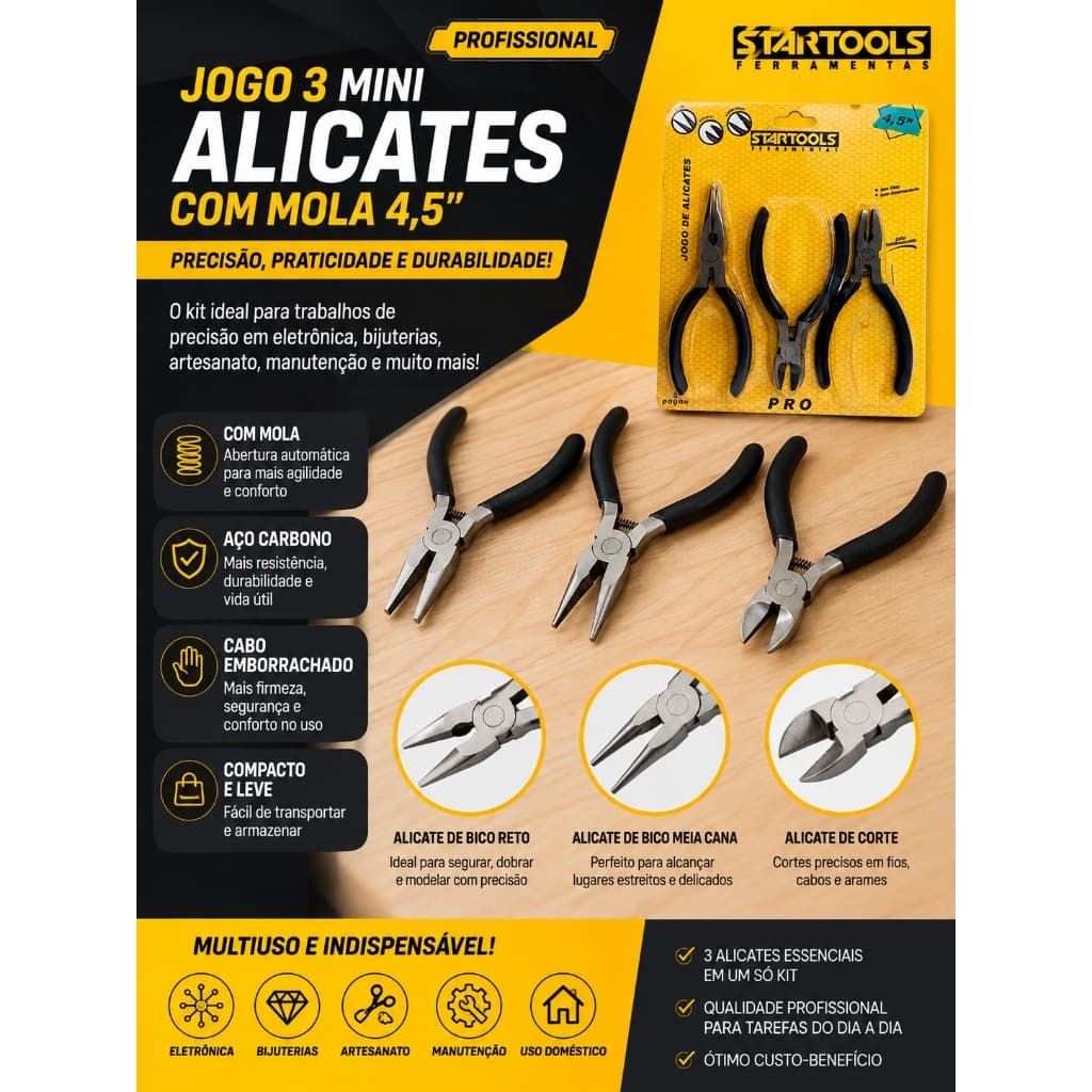 Kit Conjunto 3 Mini Alicate Resistente Com Mola 45 Polegadas Mola Corte Preciso Bico Universal