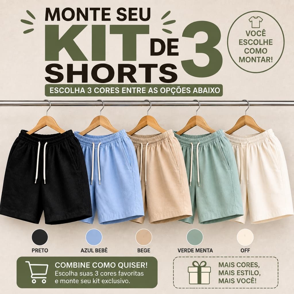 Kit 3 Shorts Mauricinho Masculinos em Linho Premium – Modelo Casual Leve para o Dia a Dia