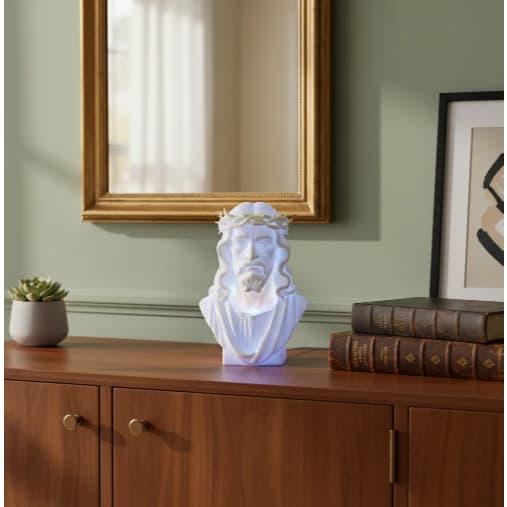 Luminária Jesus Cristo Busto Decorativo Porta Vela LED Enfeite Religioso Cristão Mesa Quarto Sala