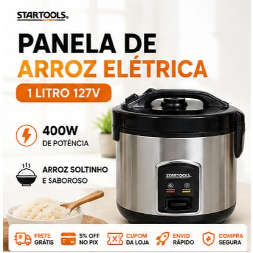 Panela de Arroz Elétrica Startools 1 Litro 127V 400W Antiaderente com Cozimento a Vapor Função Aquecer