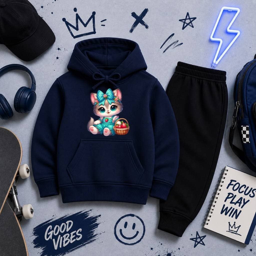 Conjunto Infantil de Moletom Canguru Flanelado Casaco com Capuz e Calça Estilo Casual Confortável Estampa Gatinha Laço