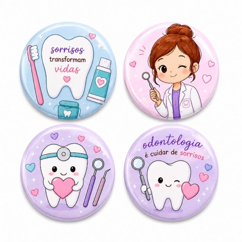 Kit com 4 Bottons Odontologia 3,5cm Frases Odontológicas Broches para Jaleco Mochila Estojo Presente Dentista