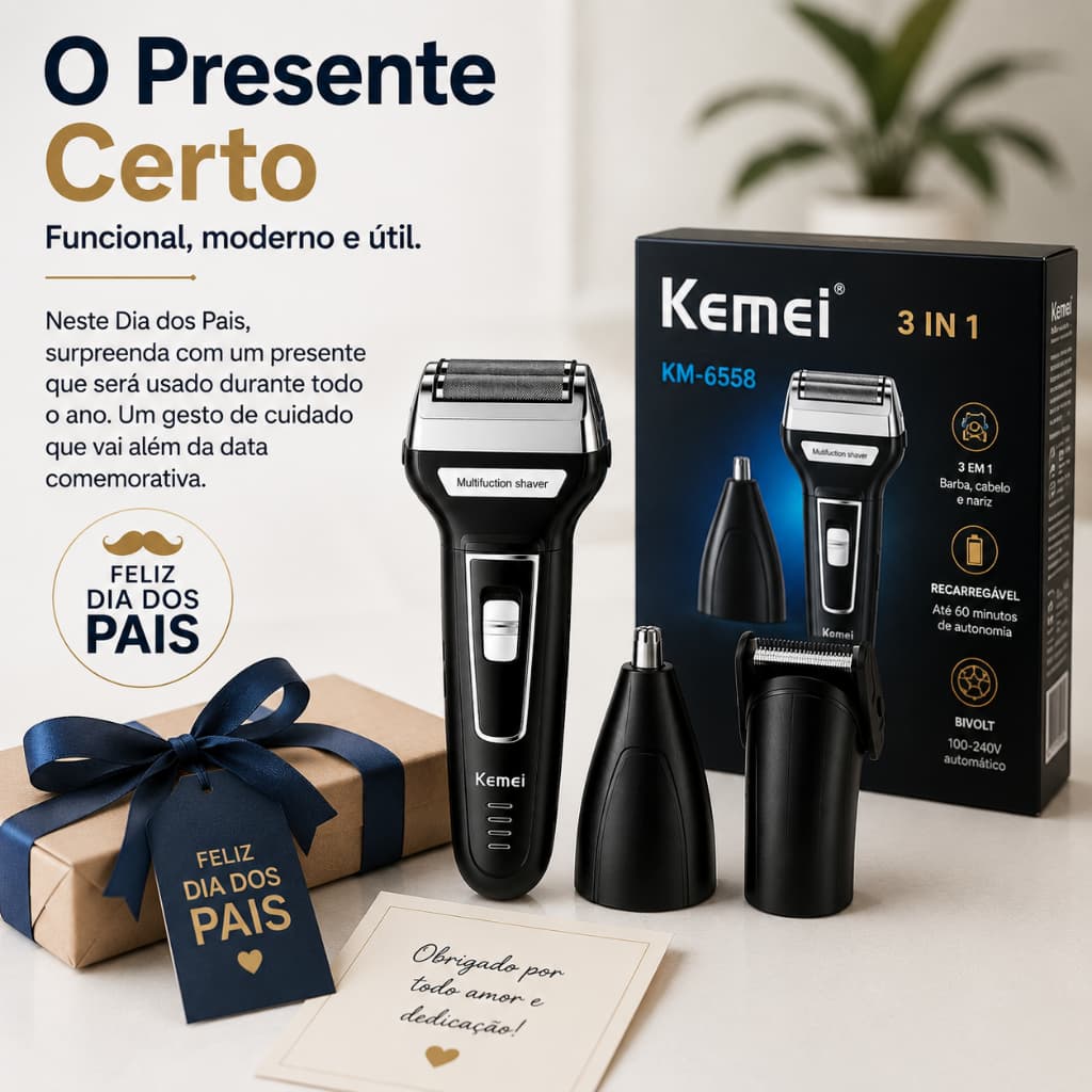 Aparador de Barba e Pelos Barbeador 3 em 1 Recarregável Bivolt (KM6558)