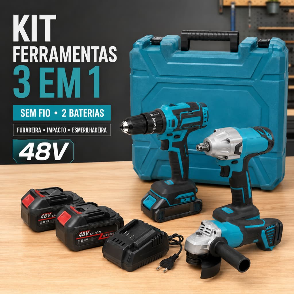 Kit Ferramentas 3 em 1 48V Sem Fio 2 Baterias Esmerilhadeira Furadeira Parafusadeira Chave Impacto