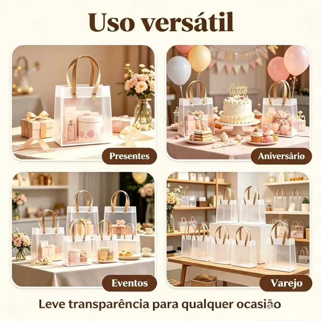 Sacola Transparente Fosca PVC com Alça Kraft - 25x22x9cm - 30 unidades