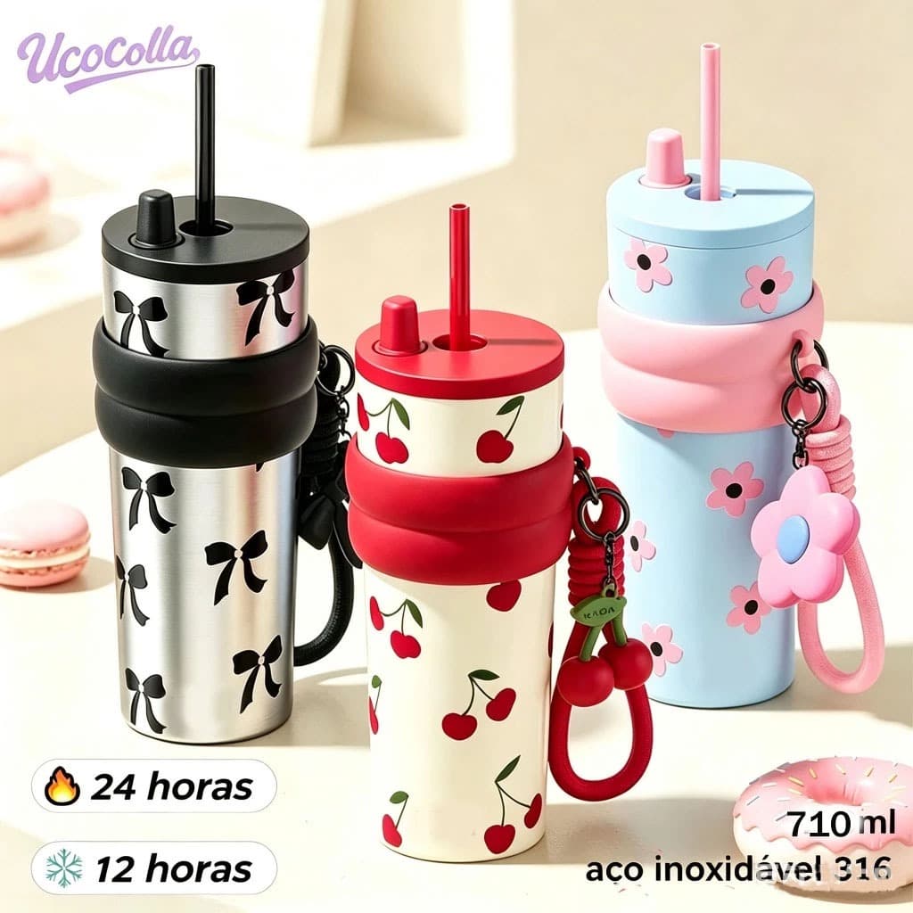 UCOCOLLA Copo Térmico Aço Inox  710ml Anti‑poeira Antivazamento Tampa Com Pingente Com Canudo Quente/Frio para Café