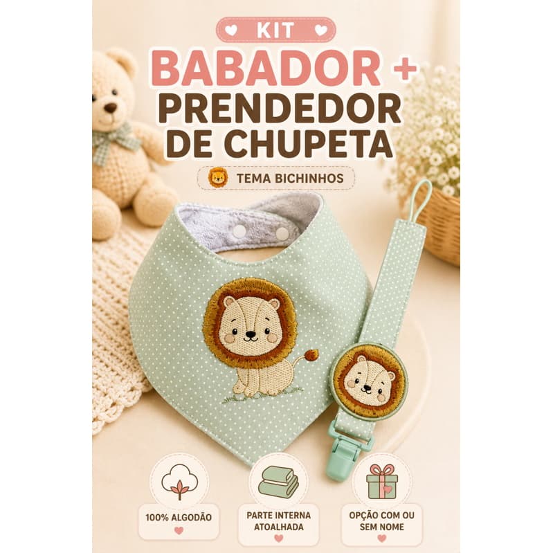 Kit Babador Bandana + Prendedor de Chupeta Tema Bichinhos Personali
