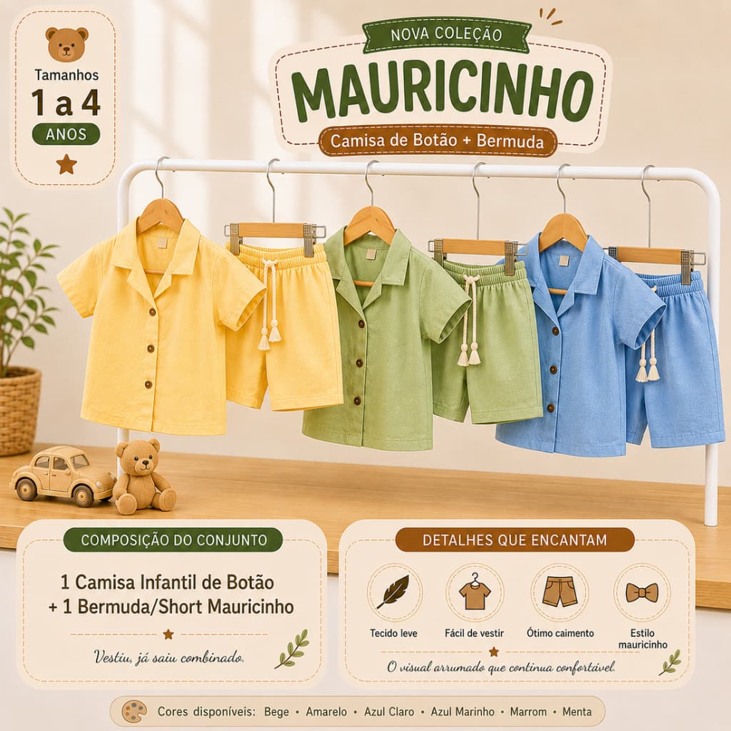 Look Infantil Masculino Mauricinho Bermuda + Camisa de Botão Moderno 1 a 4 Anos